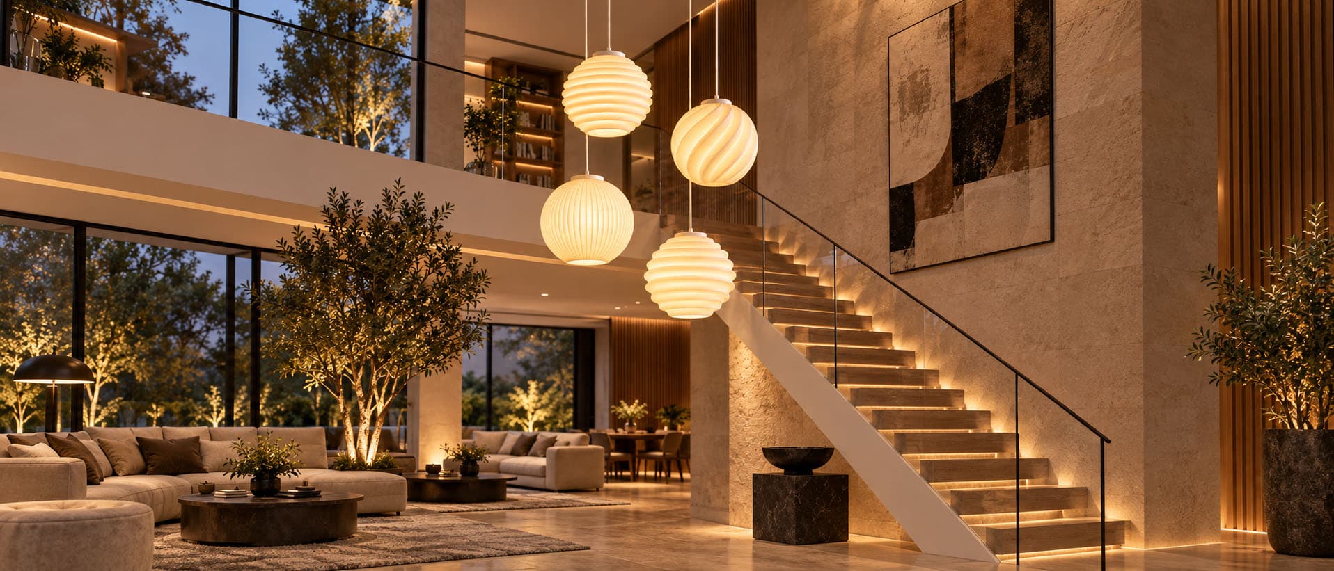Pendant lighting styled in a contemporary living space